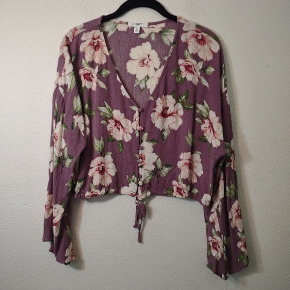 BP Purple Floral Tie Hem Crop Blouse - Picture 1 of 6